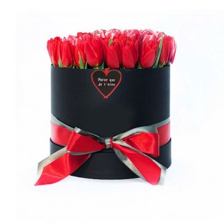 Red Tulips in Black Cylinder